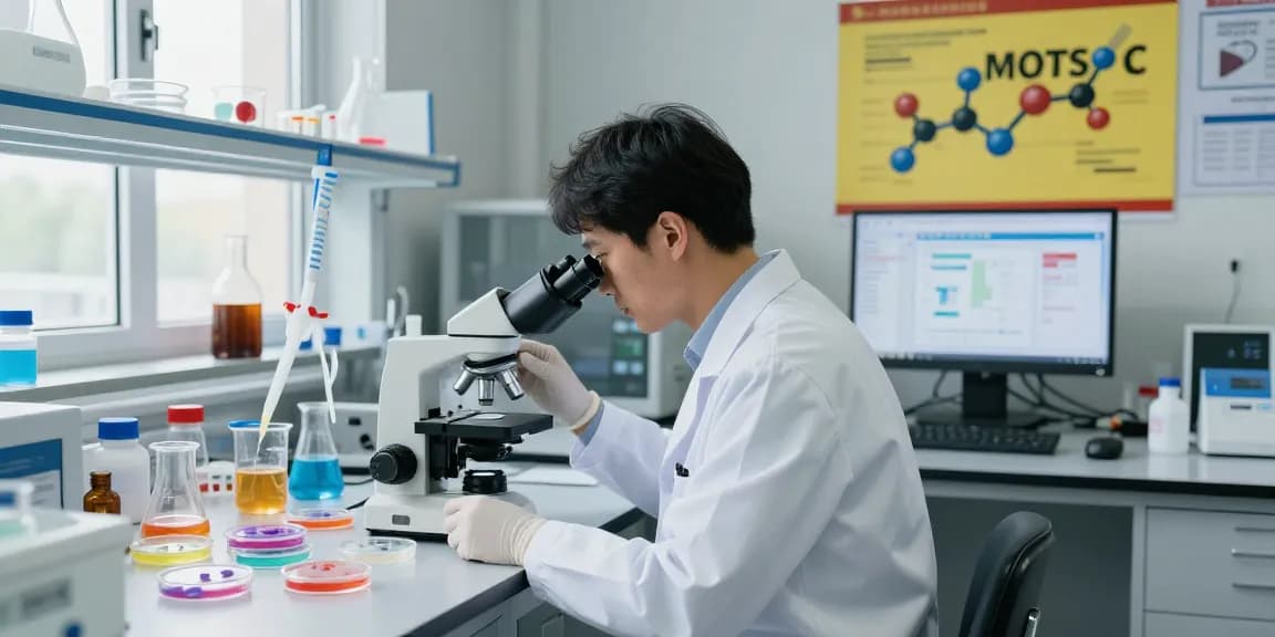 MOTS-c research peptide analysis in a bright lab, researcher studying cellular effects.