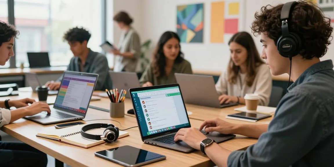 User engaging with WhatsApp網頁版 in a modern co-working space, showcasing vibrant collaboration and digital communication.