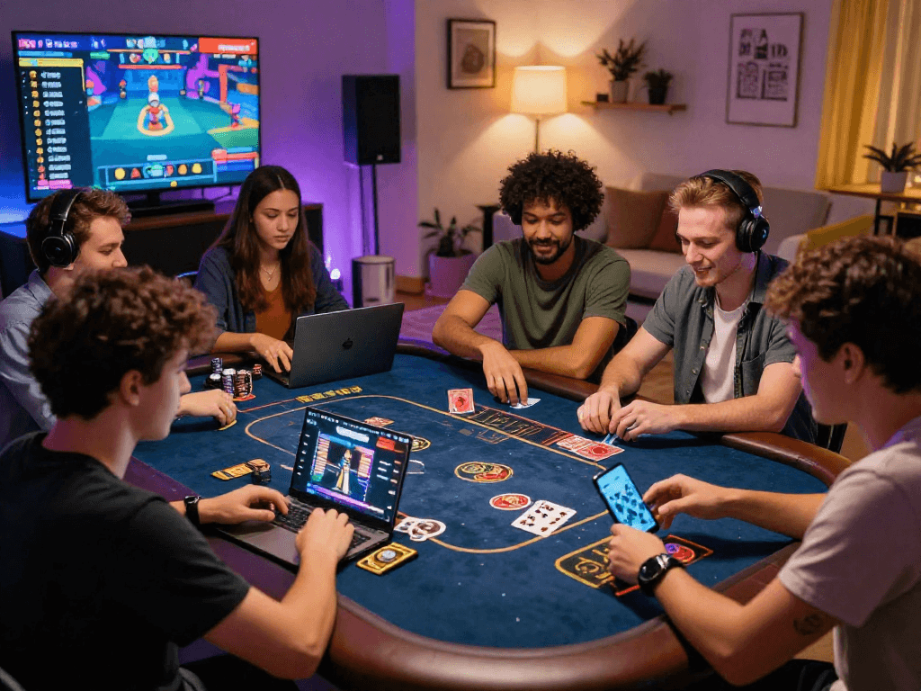 Exciting crypto casino gaming with friends using laptops and smartphones in a vibrant setting.