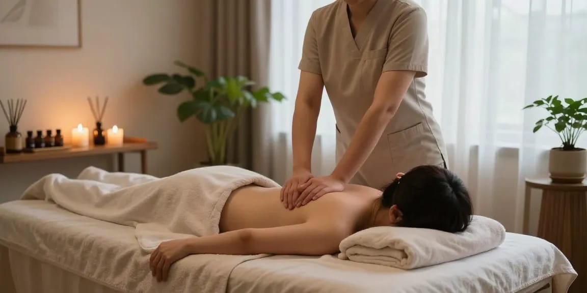 방이동출장안마 in a calming massage therapy room with soft ambient lighting