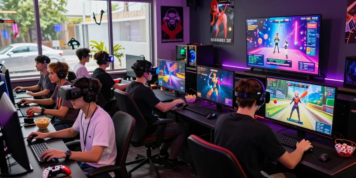 Group of friends enjoying online porn games in a vibrant gaming lounge with interactive screens.