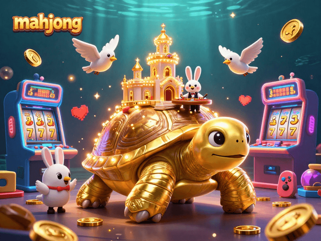 Experience the mahjong excitement with a golden tortoise casino scene filled with vibrant slot machines.