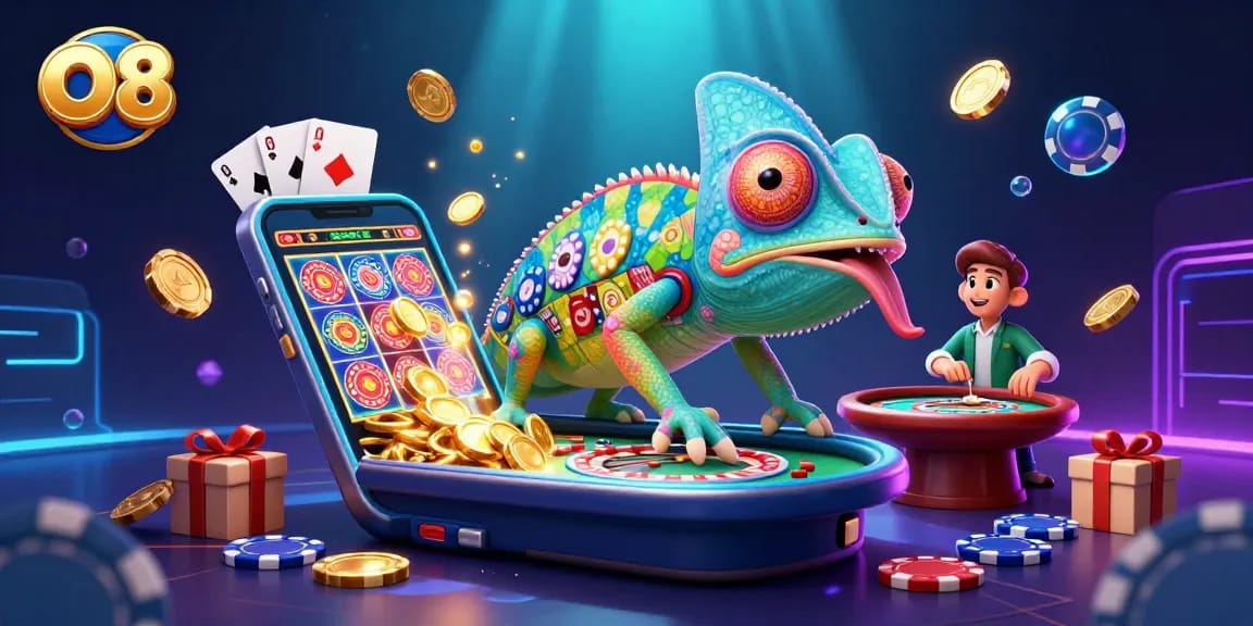 Engage with O8 in a vibrant 3D casino atmosphere, featuring a colorful chameleon owner and dynamic gaming elements.