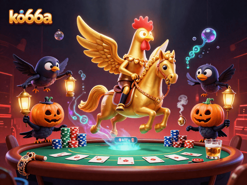 Engage in thrilling gameplay at ko66a with a vibrant backdrop of golden rooster characters and poker elements.