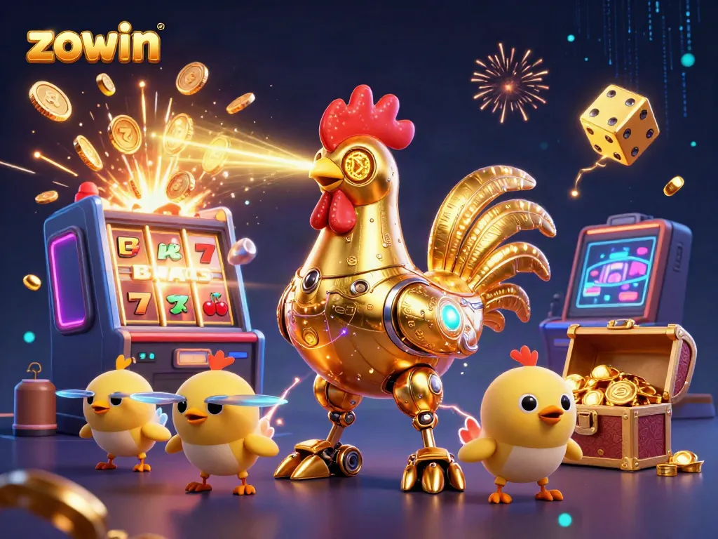 Zowin-themed casino image featuring a vibrant golden rooster robot amidst a jackpot explosion.