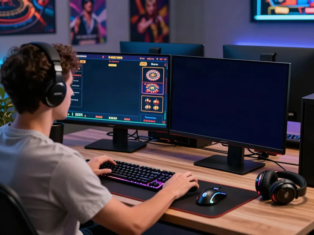 Gamer engaging with 11bet casino games on dual monitors in a tech-savvy home setup.