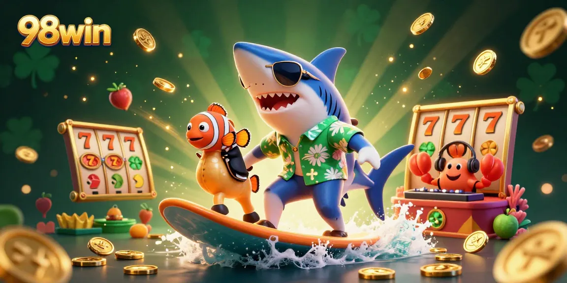 Engage with 98win's thrilling slot experience featuring vibrant characters, gold coins, and dynamic game elements.