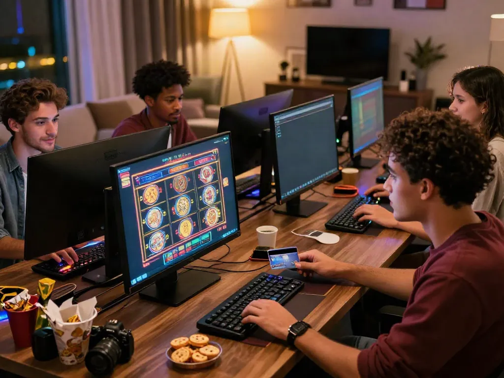 Friends enjoying online gaming at casinos that take credit cards, with vibrant slot games on screen.
