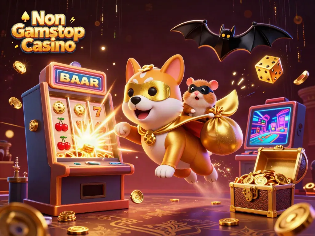 Engaging illustration of the Non Gamstop Casino theme featuring a heroic dog with gold coins.