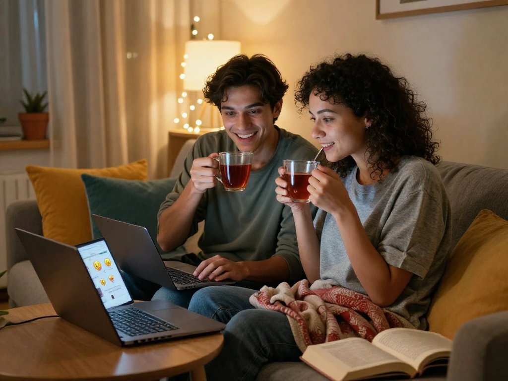 Engaging couple using sex chat ai in cozy home setting with warm lighting