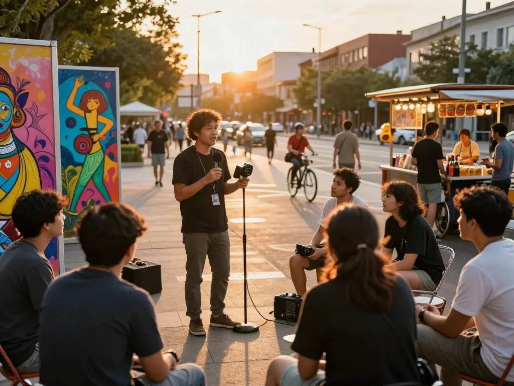 Engaging storyteller discussing "had me going" podcast in vibrant urban scene during sunset.