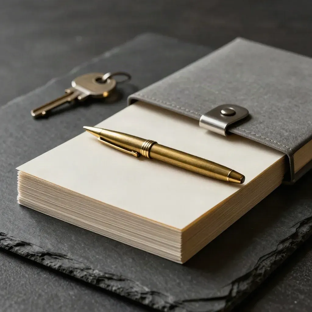 Brass pen, proposal cards and sealed folder on slate, lit dramatically against dark bokeh.