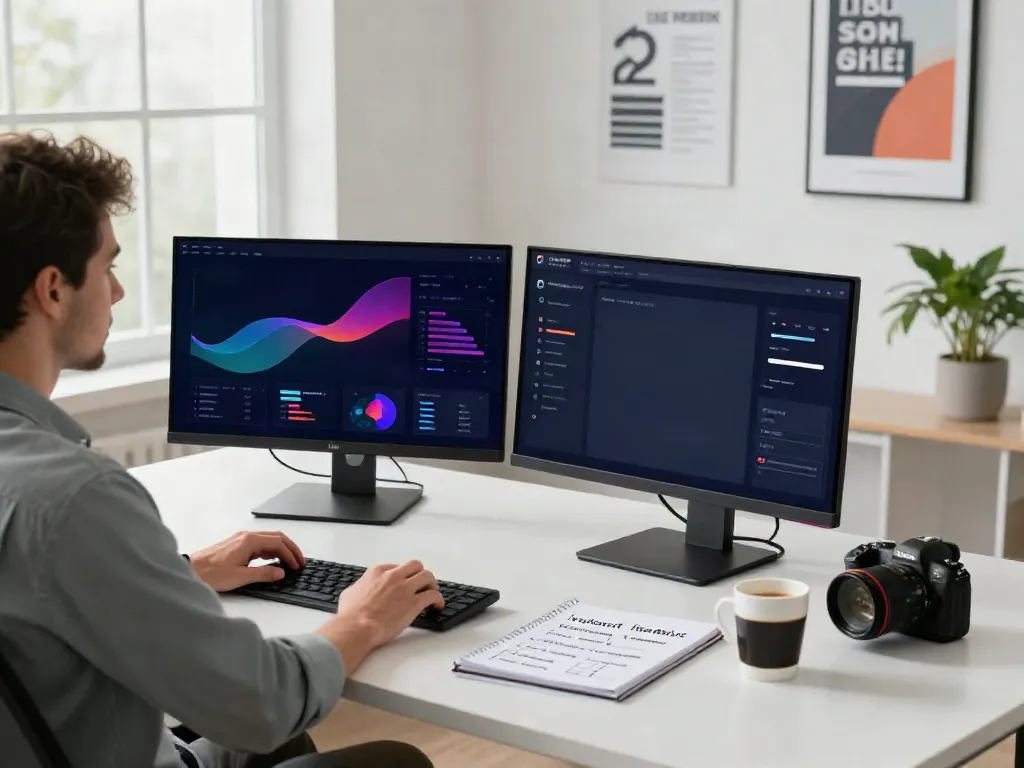 SEO strategist at modern desk analyzing instant indexing data on multiple monitors