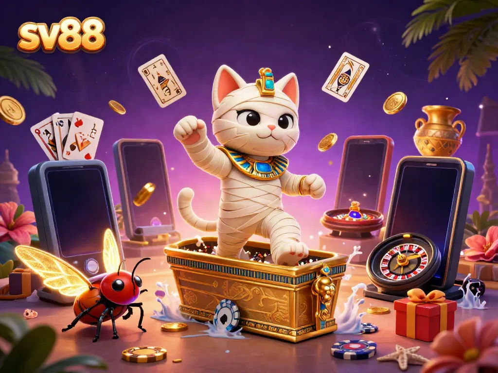 Experience thrilling gameplay with sv88, featuring a 3D Egyptian mummy cat and sparkling casino elements.