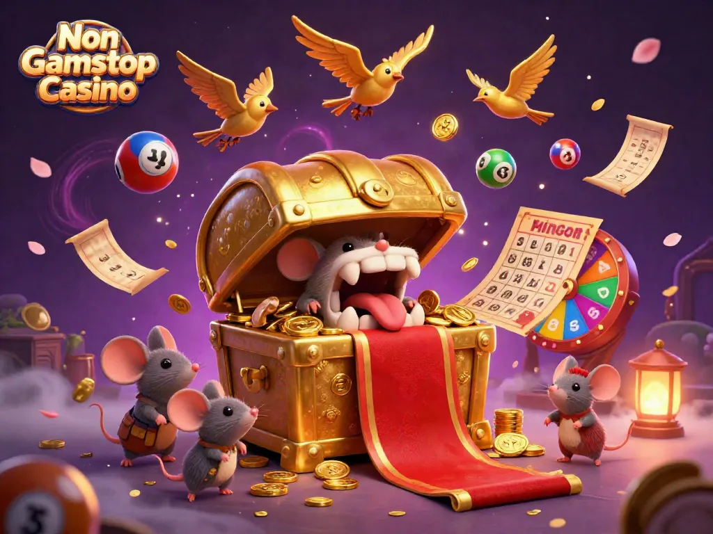 Engage with Non Gamstop Casino treasures as mice explore riches in a vibrant 3D illustration.