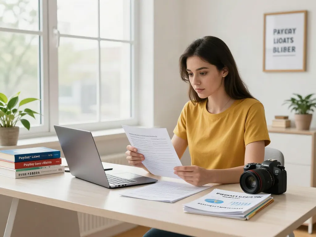 Woman reviewing financial documents on payday loans co Alberta in a bright home office.
