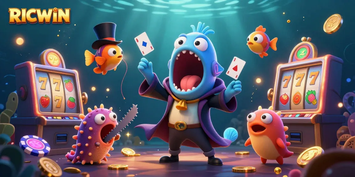 Get ready for RICWIN magic with a bioluminescent eel performing in a vibrant casino scene.