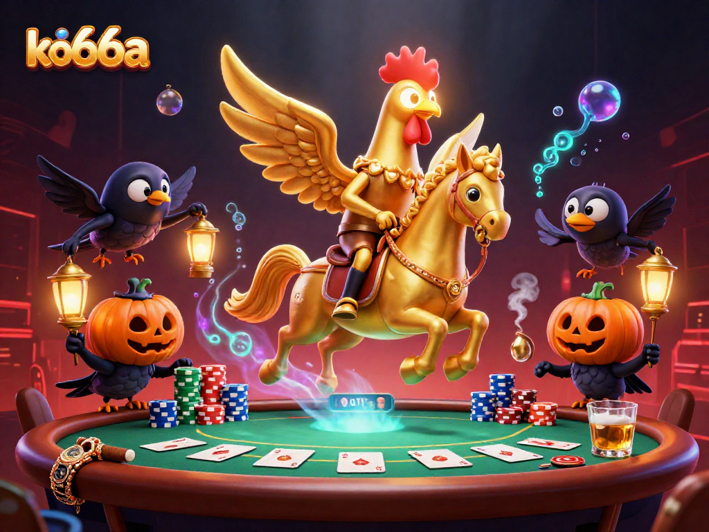 Engage in thrilling gameplay at ko66a with a vibrant backdrop of golden rooster characters and poker elements.