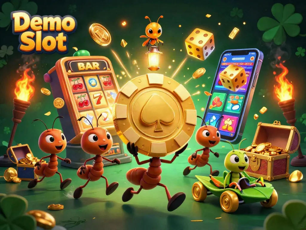 Play Demo Slot with excitement, featuring ants on a heist amid a vibrant slot machine explosion.