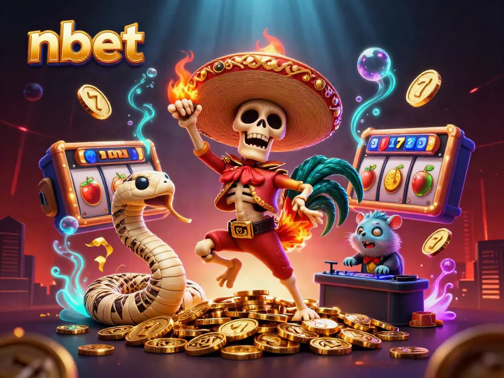 Experience the joyous casino atmosphere with nbet, featuring 3D characters celebrating amidst golden coins and slot game elements.