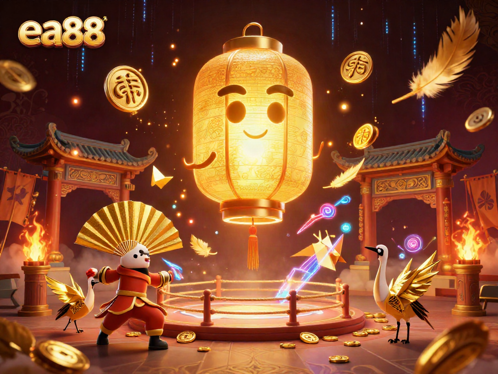 Experience the magic of ea88 with a vibrant casino scene featuring glowing lantern spirit and golden elements.