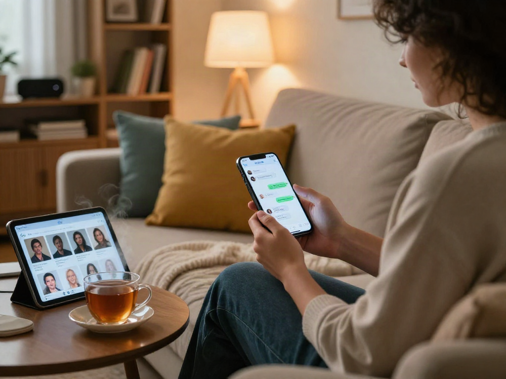 Engaging in intimate conversations with sex chat AI on a smartphone while relaxing in a cozy living room.