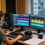 Engaging scene of a music producer at their desk with email login applications for managing communications effectively.