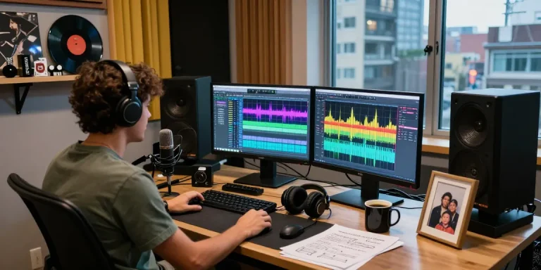 Engaging scene of a music producer at their desk with email login applications for managing communications effectively.