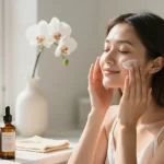 Nourish and Hydrate Serum application in a bright bathroom, showcasing serene self-care.