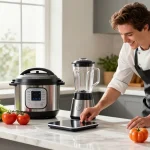 Smart kitchen gadgets displayed in a modern kitchen with fresh ingredients and bright lighting.