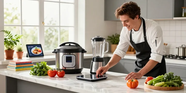 Smart kitchen gadgets displayed in a modern kitchen with fresh ingredients and bright lighting.