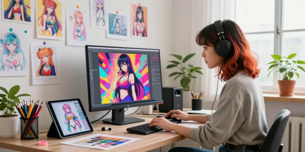Creating stunning ecchi ai artwork in a vibrant digital art studio.