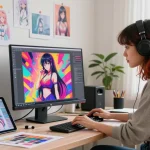 Creating stunning ecchi ai artwork in a vibrant digital art studio.