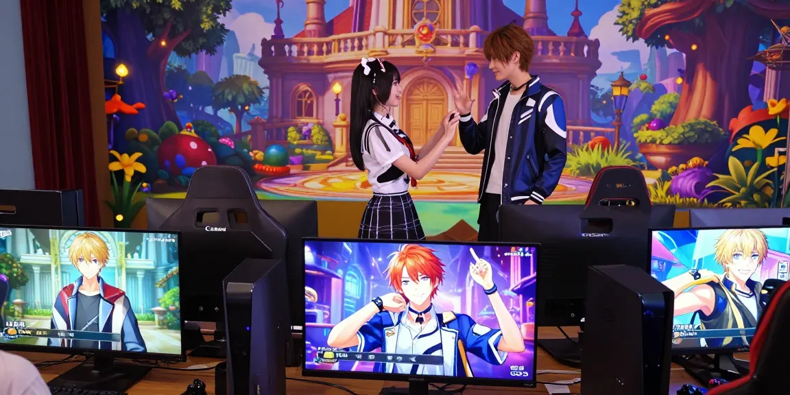 Engaging scene from an ero game featuring diverse characters in a vibrant adult visual novel setting.