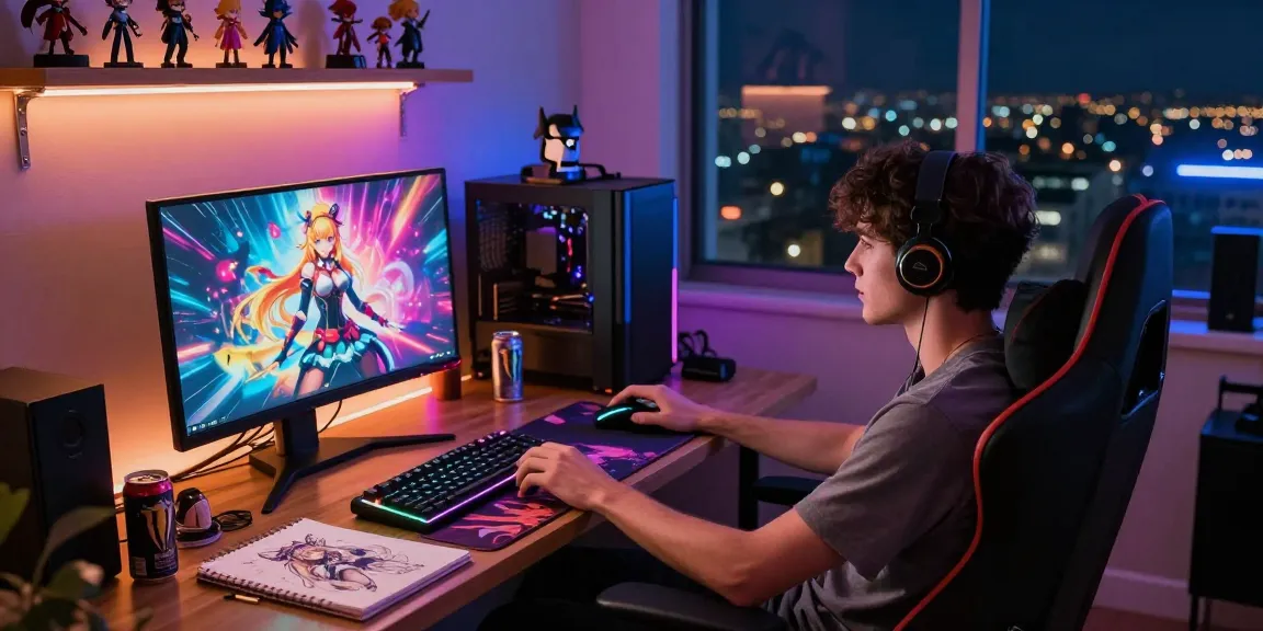 Play hentai game online in a cozy gaming room with vibrant visuals and character collectibles.