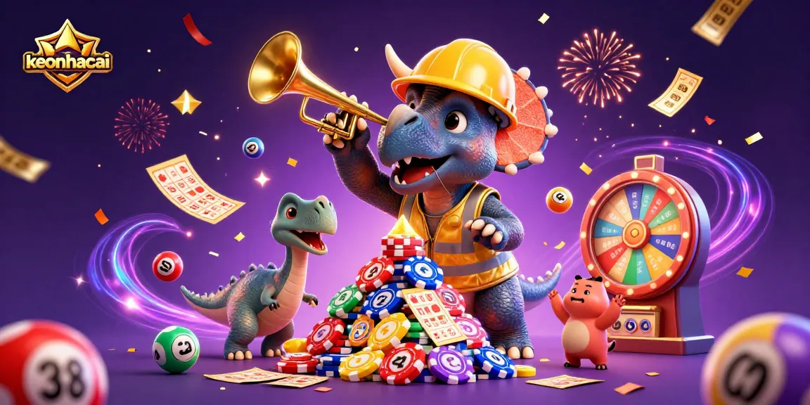 Engage with keonhacai through vibrant celebrations featuring a triceratops and exciting lottery elements.