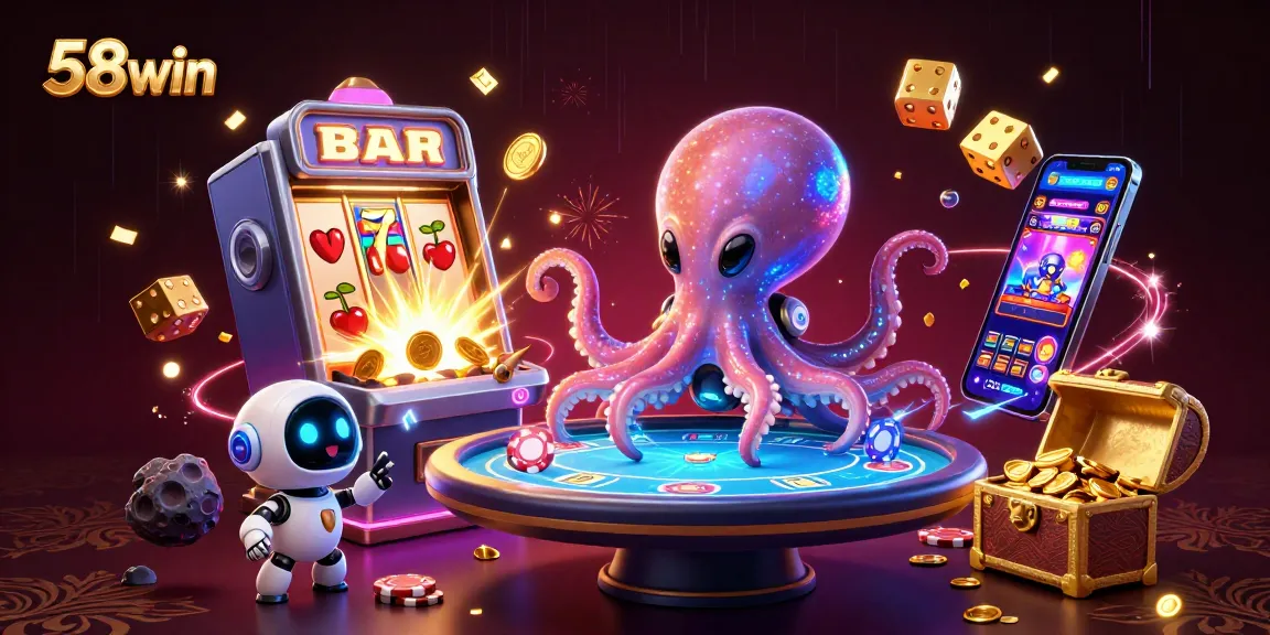 Engage with 58win in this vibrant casino scene featuring a joyful alien octopus and a robot at a glowing poker table.