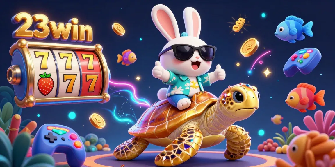 Experience the excitement at 23win with a vibrant 3D illustration of a lucky rabbit and golden turtle enjoying slots.