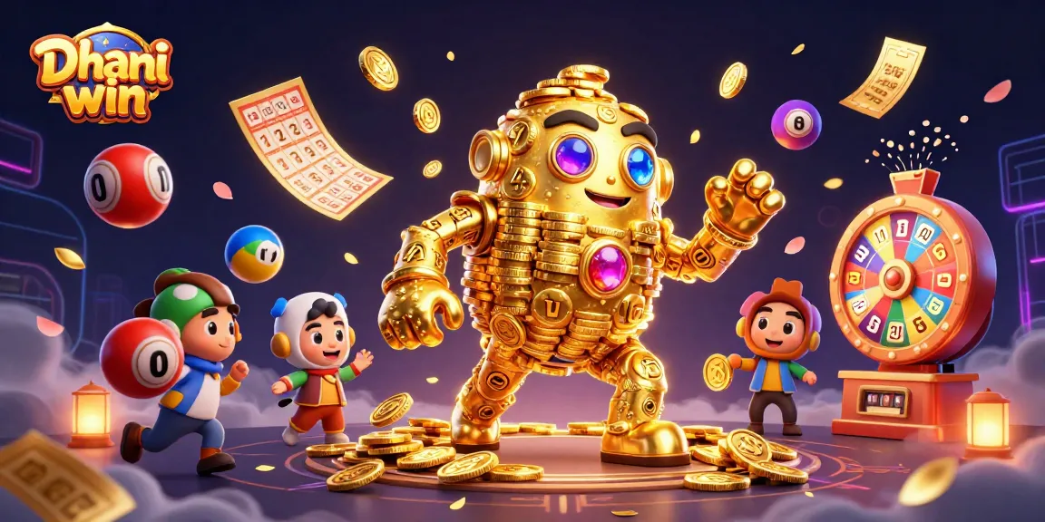Dive into the world of Dhani win with a vibrant, dynamic gaming illustration featuring golden golems and lottery excitement.