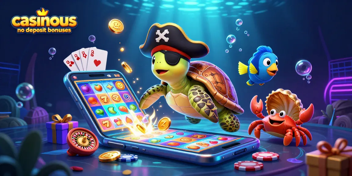 Experience casinous no deposit bonuses with a vibrant 3D casino scene featuring a pirate turtle and treasure