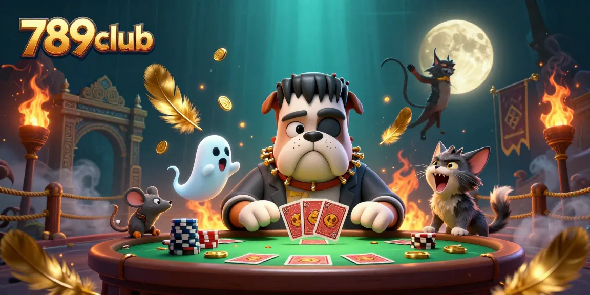 Engage with 789club's thrilling games as playful characters deal cards at a lively casino.