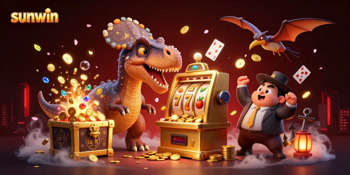 Experience the excitement of sunwin as a pachycephalosaurus wins slots, soaring pteranodon catches coins, and an ankylosaur celebrates.