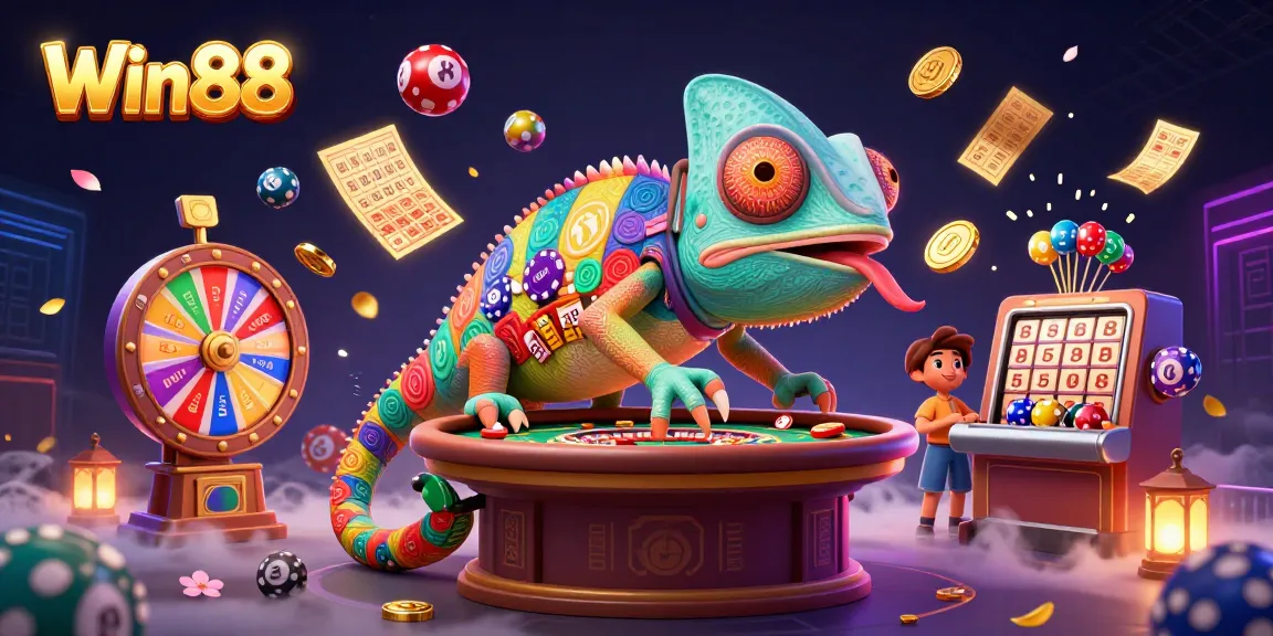 Win88 chameleon casino owner snatching golden coins amidst vibrant gambling elements