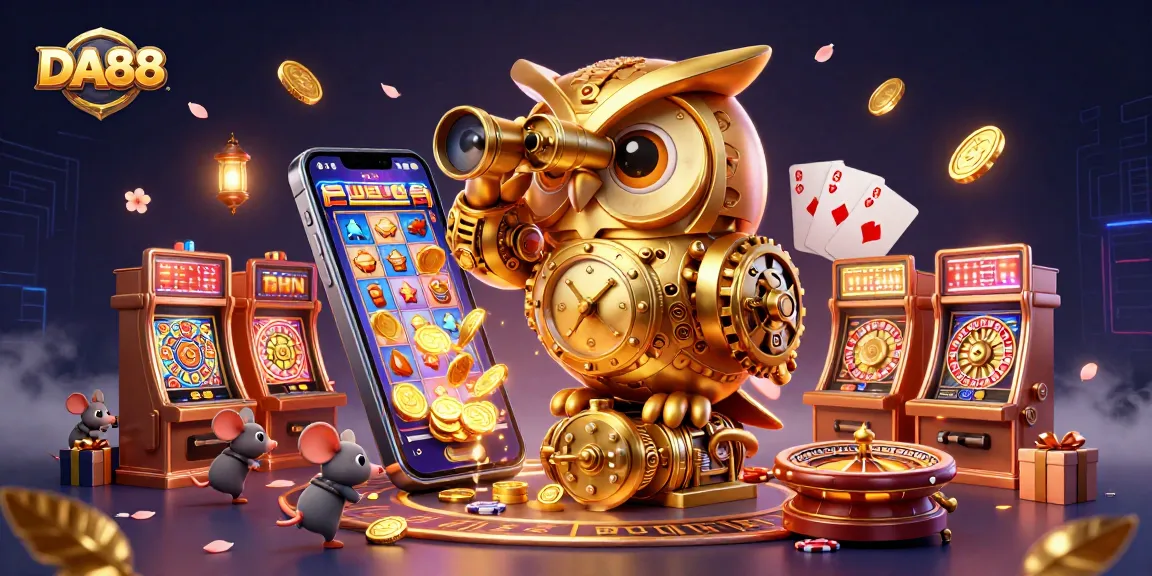 DA88 casino scene showcases a vibrant 3D owl and lively game elements.