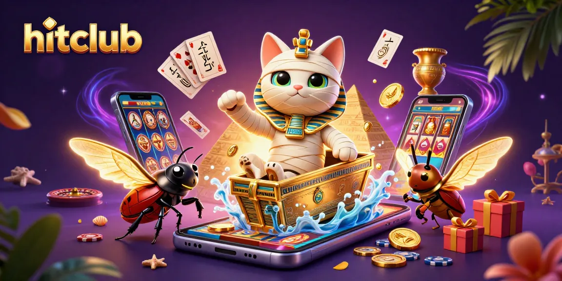 Win big at hitclub with the Egyptian mummy cat and scarab beetle in a vibrant casino scene.