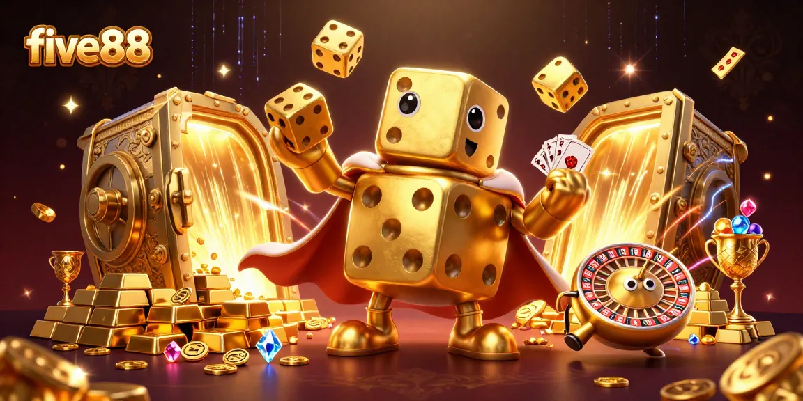 Experience the thrill of five88 with a dynamic 3D illustration showcasing casino magic and dice excitement.